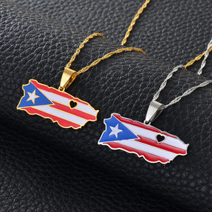 Puerto Rico Country Map Shape & Flag Colors Pendant Gold & Silver