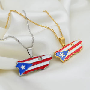 Puerto Rico Country Map Shape & Flag Colors Pendant Gold & Silver