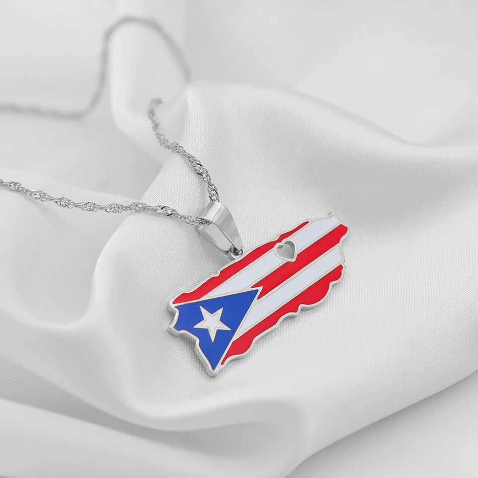 Puerto Rico CountryMap and FlagColors Pendant Necklaces Gold Color Silver Color