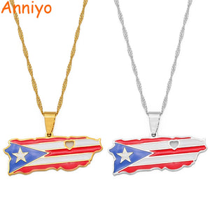 Puerto Rico Country Map Shape & Flag Colors Pendant Gold & Silver